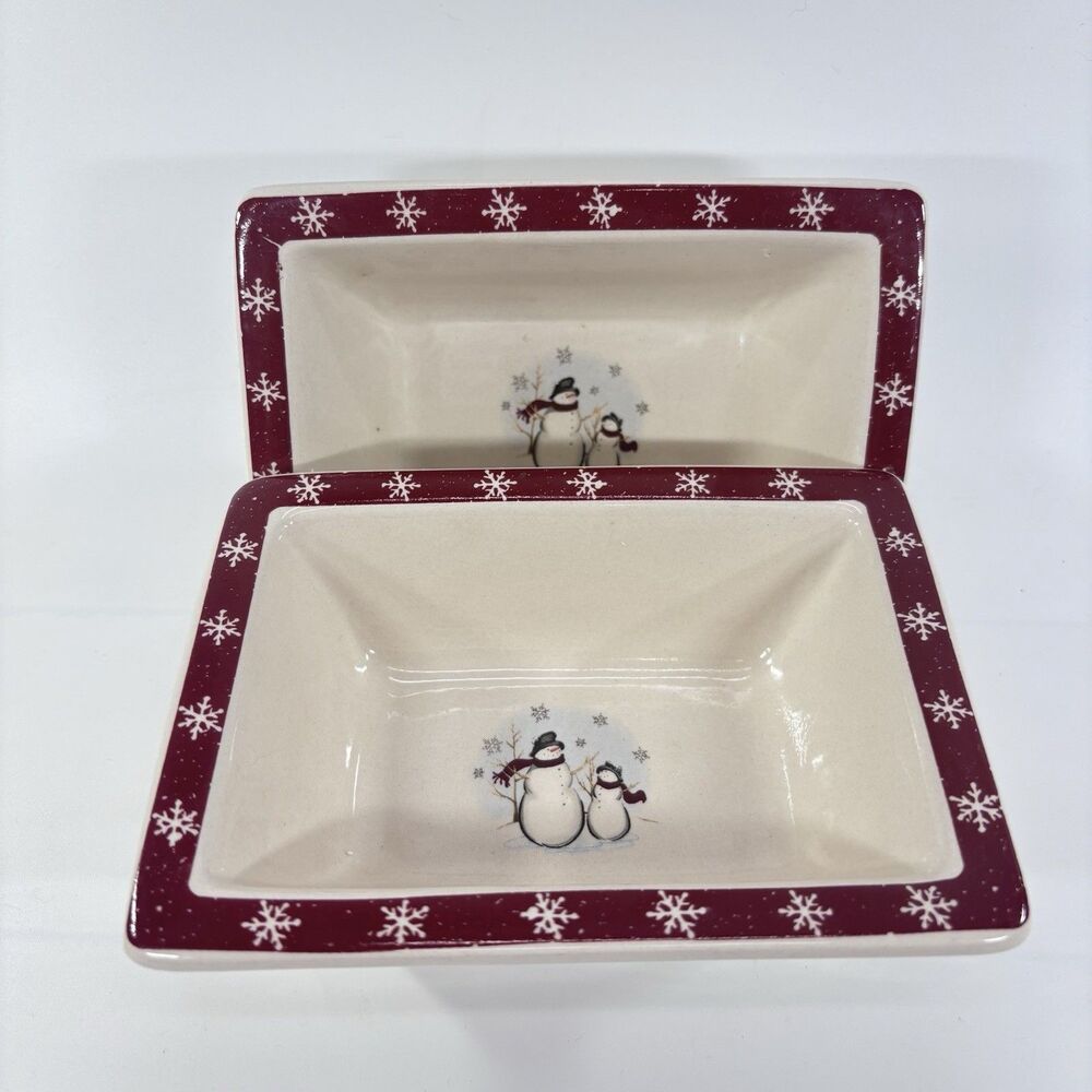 Royal Seasons 2 Mini Loaf Pan Set Stoneware Snowman Snowflake Bordered Holiday